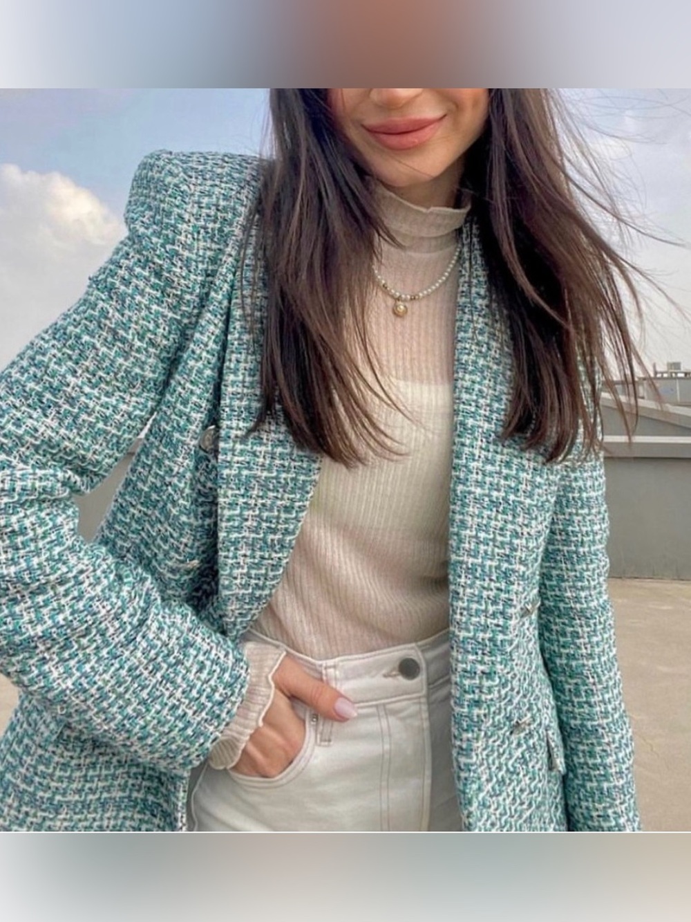 Zara Teal, Blue and White Tweed Double-Breasted Blazer